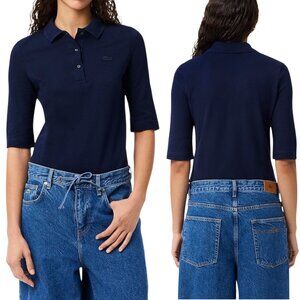 Lacoste Women’s Slim Fit Three Quarter Sleeve Polo Shirt, Blue Size 36, Small US